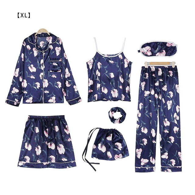 maytalsory Ensemble de Sommeil 7 Pcs Robe de Nuit Imprimée Costume Femme Gilet Shorts avec Bandeau Ensemble de Pyjama Fille, TG