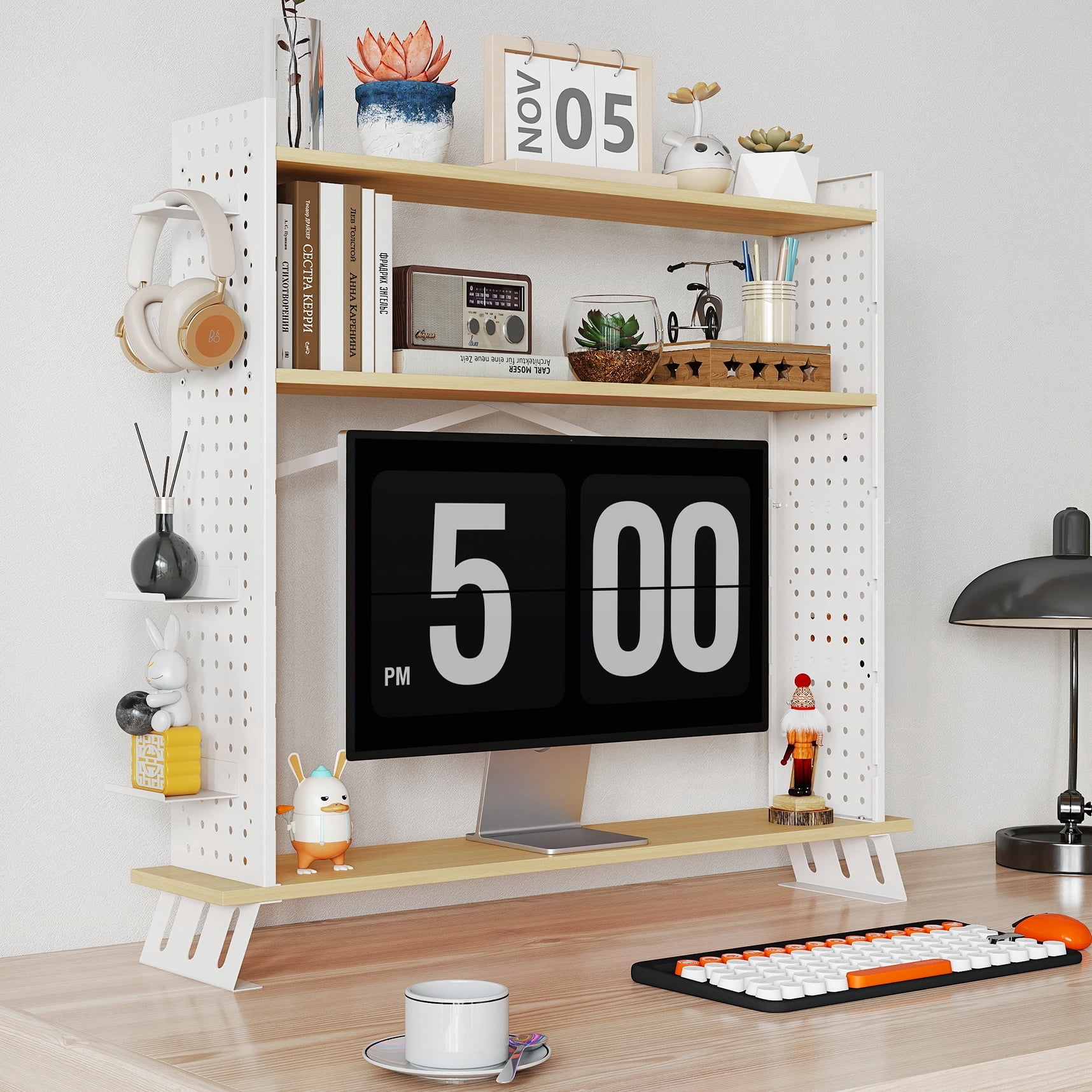 Gomok 2-in-1 Desktop Bookshelf, Adjustable 3-Tier Desk Shelf Bookcase Storage Rack with 3 Trays & 2 Grid Panels, White
