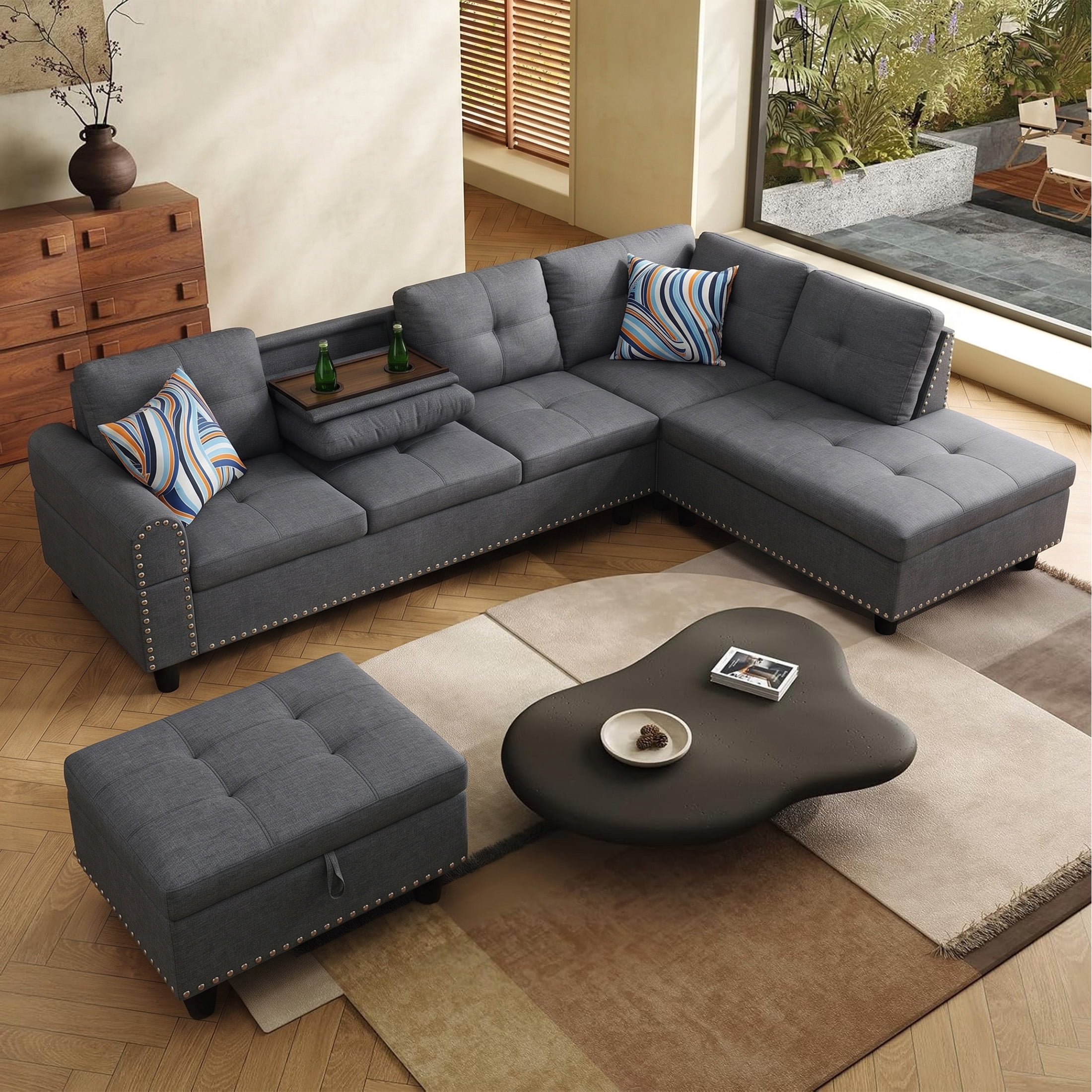 AENKYO 98" L-Shaped Sectional Sofa with Reversible Chaise, Storage Ottoman & Cup Holders, Linen, Dark Gray