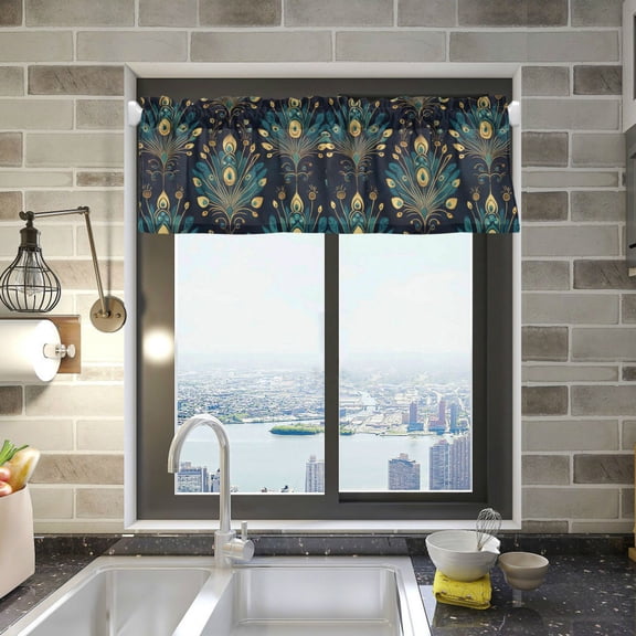 Yayeee Kitchen Valance Rod Pocket 54" x 18" Living Room Window Curtain, Gold Peacock Pattern