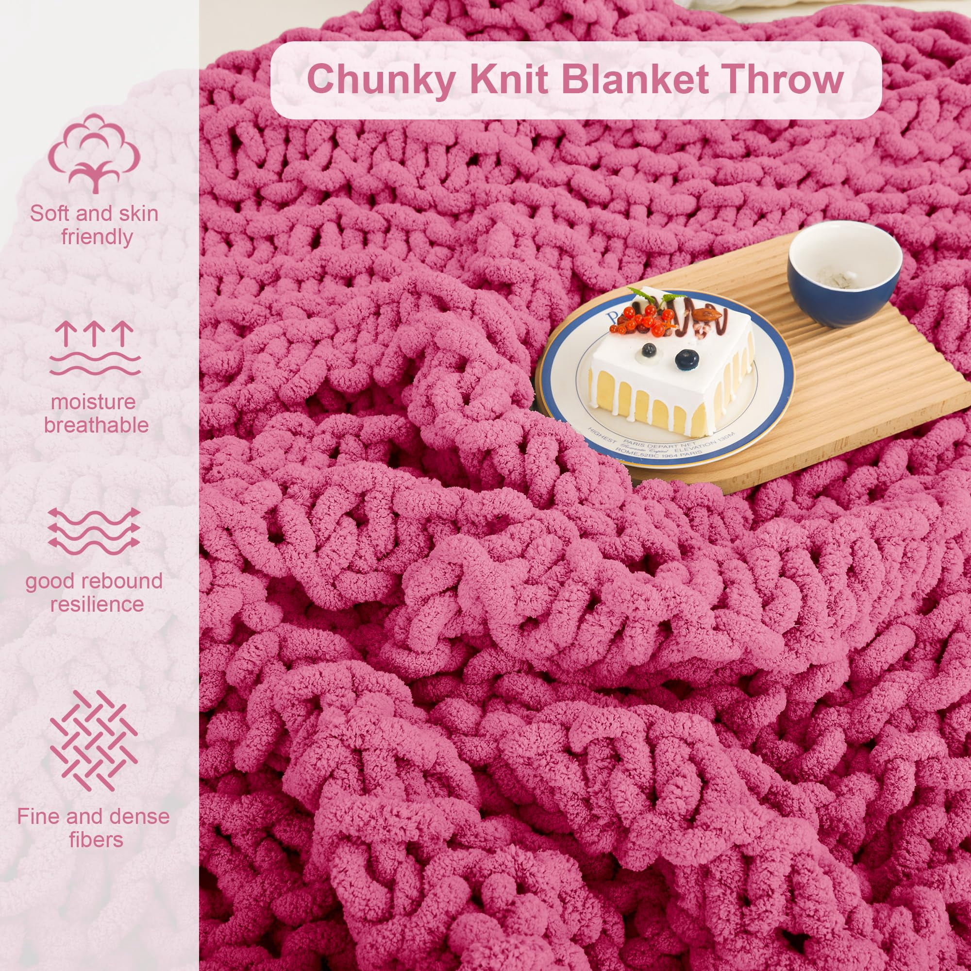 Viviland Chunky Knit Chenille Throw Blanket 40"x50" Rose Soft Washable 100% Handmade for Couch Bed Sofa Room Decor