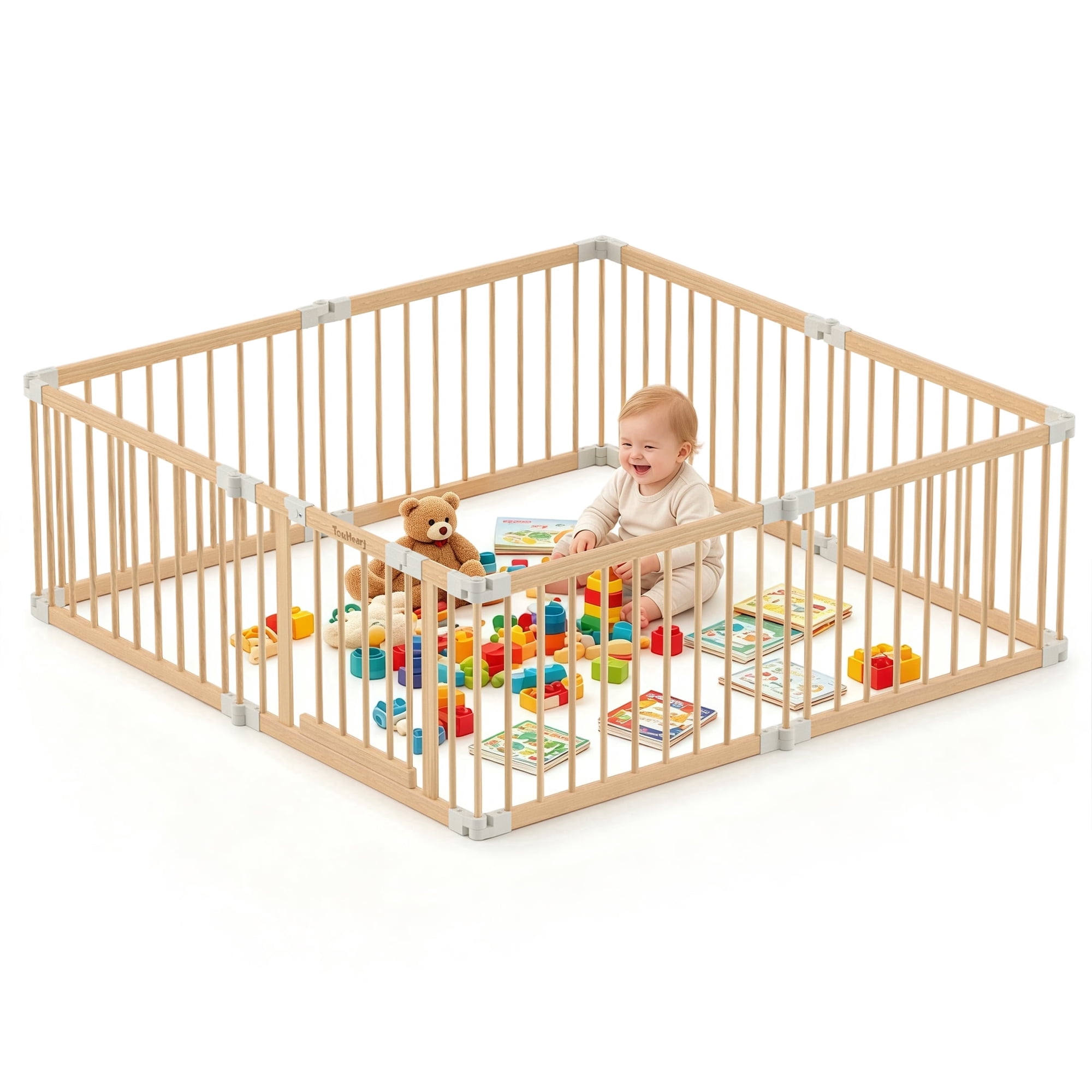 TouHeart Wooden Playpen for Baby & Toddlers, Foldable Large Baby Safe Play Fence Yards With Gate, 8 Panels, 69"x69"x24"