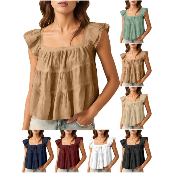 Women's Square Neck Ruffle Sleeve Babydoll Blouses Summer Casual Peplum Tank Top Cute Tops Summer Smoked Pleated Cotton T-Shirts Casual Loose Fit Flowy Blouse