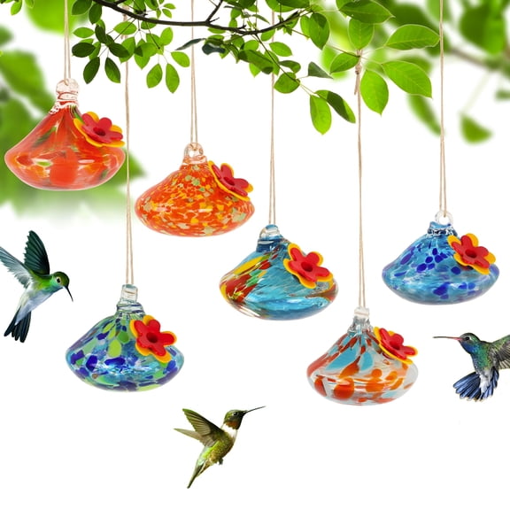 ACDANC Blown Glass Hummingbird Feeder, 3.2in Outdoor Hanging Small Hummingbird Feeder with Flower Feeding Holes Bird Feeder for Outdoor Garden Backyard