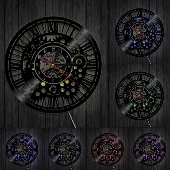 Gears Wall Clock Steampunk Charms Wall Decor Vinyl Record Wall Clock Cogwheels Decorative Clock Watch Modern Design Home Decor With LED
