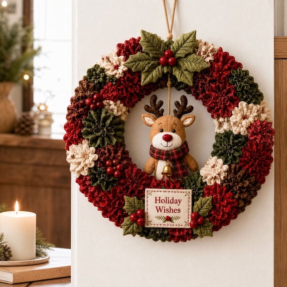 Clearance! 3D Fabric Poke Wreath DIY Kit, YUAODY Christmas Wreath DIY Kit for Adults Beginner, 9.84'' x 9.84''(Reindeer)