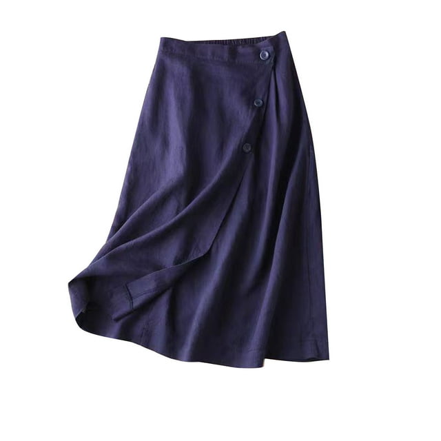 Womens Cotton Linen Skirt Summer Elastic Waist Front Buttoned Solid Swing Midi A Line Skirt Navy