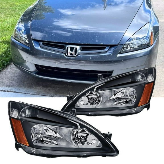 Headlight Assembly Compatible with 03-07 2003 2004 2005 2006 2007 Accord Replacement Headlamps Amber Reflector Black Housing