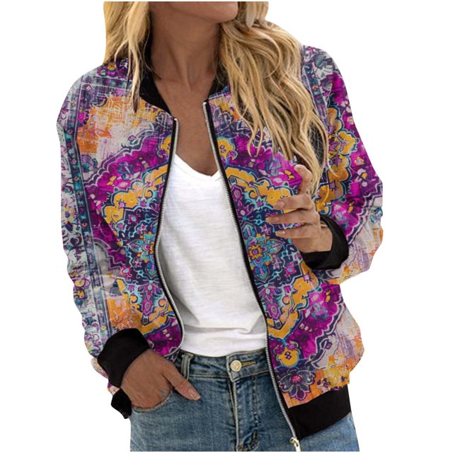 Jamicy Vestes d'Automne pour Femmes Cadeau pour Maman 2025 Mode Fermeture Éclair Cardigan à Manches Longues Blouse Imprimée Florale Rétro Chandails en Molleton Décontractés Coupe Ample