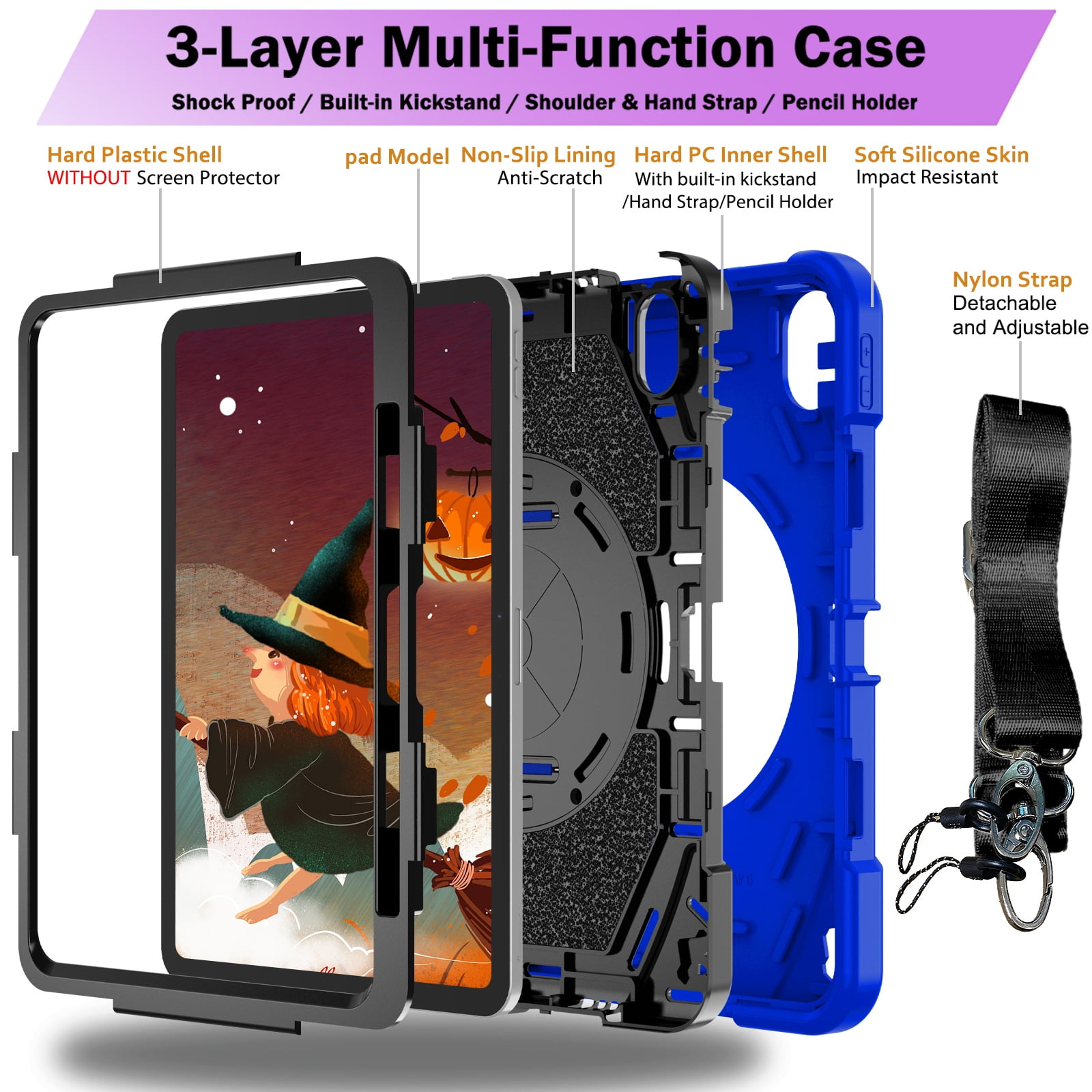 ELEHOLD Case for Apple iPad Air 11 (2024), Heavy Duty Shockproof Case with Pencil Holder/Stand/Hand Strap/Shoulder Belt, Rugged Protective Cover for Boys Girls,Blue
