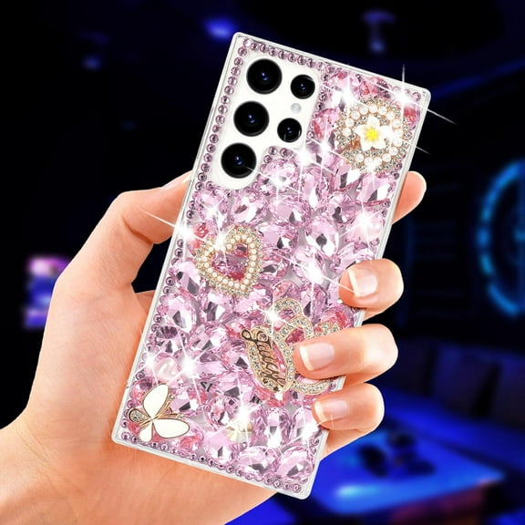 for Galaxy S24 Ultra Bling Case Women Girls Luxury 3D Glitter Diamond Sparkle Crystal Rhinestone Phone Case Cute 3D Heart Crown Flower and Butterfly Gemstone Case for Galaxy S24 Ultra, Pink