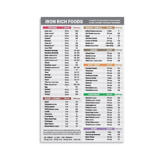 High Iron Food Guide Poster Iron Rich Food Chart Poster Wall Art for Living Room Bedroom Decor