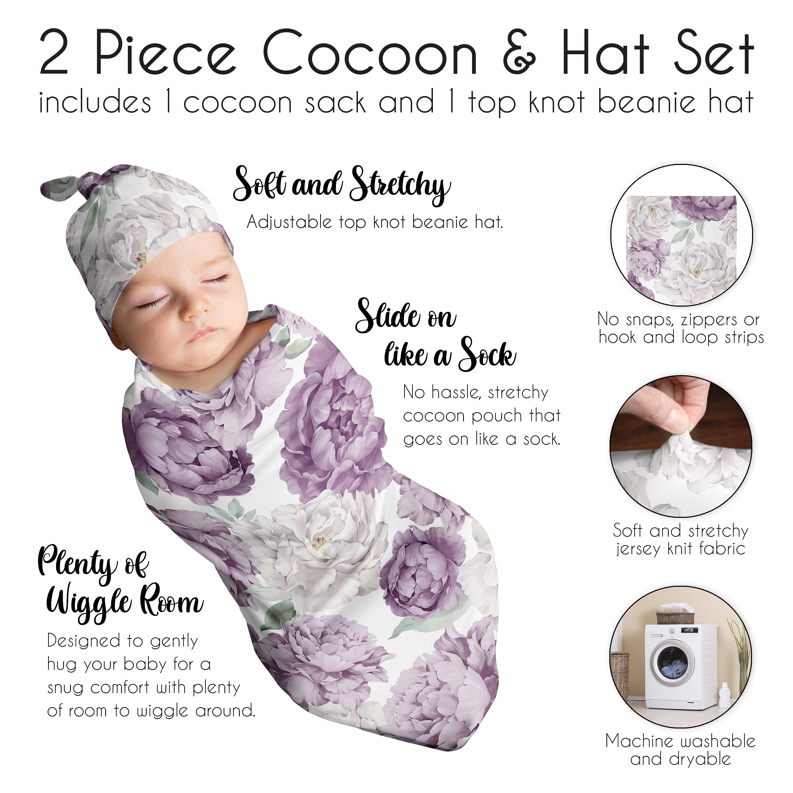 Sweet Jojo Designs Peony Floral Garden Lavender Purple and Ivory Girl Baby Cocoon and Beanie Hat Sleep Sack Set 2 Piece