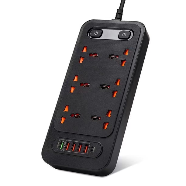 Inteprter Tira de tomacorrientes universal de 6 vías con puertos USB, enchufes eléctricos multifuncionales ignífugos, oficina, escuela, apartamento Electrónica enchufe de EE. UU. negro