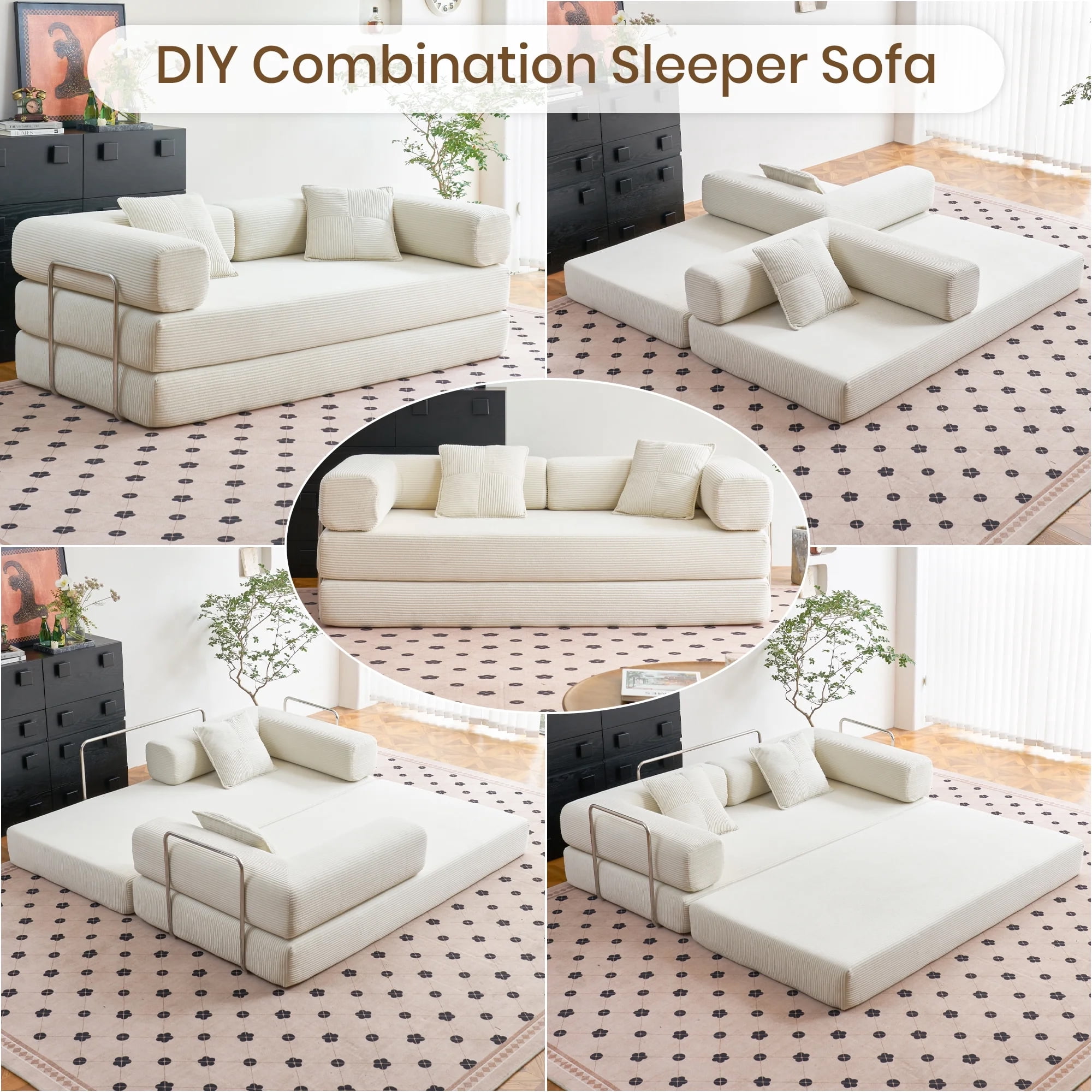 YINIX 81.6" Sleeper Sofa with Two Pillows, Comfy Modular Convertable Sofa Couch for Living Room, Small Spaces, Beige