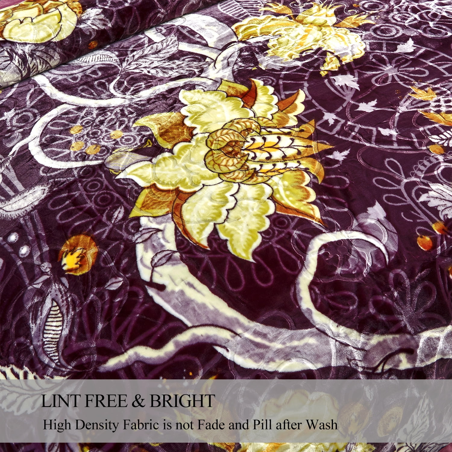 NC Fleece Bed Blanket Queen Purple Floral,2 Ply Thick Warm Plush Blanket,79" x 89",5.3lb