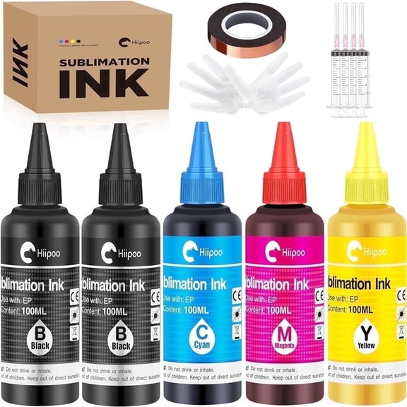 Hiipoo 500ML Sublimation Ink Compatible With ET2400 ET-2760 ET-2800 ET-2803 ET-2850 ET-4800 ET-15000 Inkjet Printer Heat Press Transfer on Mugs T-Shirts, DIY Gifts, (BK/BK/C/M/Y)