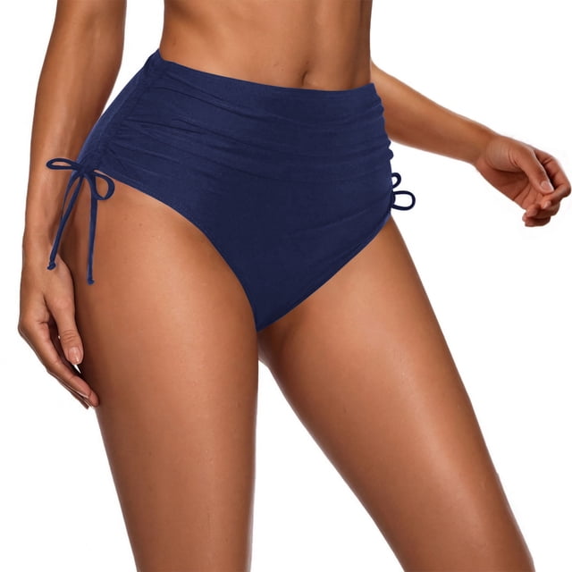 Traje de baño de mujer de nailon, color liso, cintura alta, con cordón ajustable y pliegues.