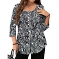 thumbnail image 2 of WellSize 3/4 Sleeve Plus Size Womens Blouses Casual Floral Pleats Tops Summer Crewneck Shirts Tunic Curved Hem Blouses, 2 of 7