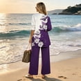 thumbnail image 3 of Textilo 3 Piece Pant Suits for Women Open Front 3/4 Sleeve Floral Cardigan Sleeveless Tank Tops Wide Leg Pants Sets Business Casual Sets,Dark Purple M, 3 of 5
