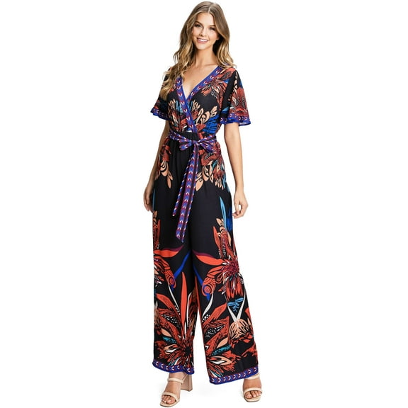 Flying Tomato Women's Bold Boho Wide-Leg Jumpsuit (S, Black)