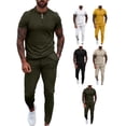thumbnail image 4 of Traje de ocio para hombre Turn Down Collar Zipper Waistband Color puro Manga corta Pantalones largos Sudor Traje Chándal, 4 of 6