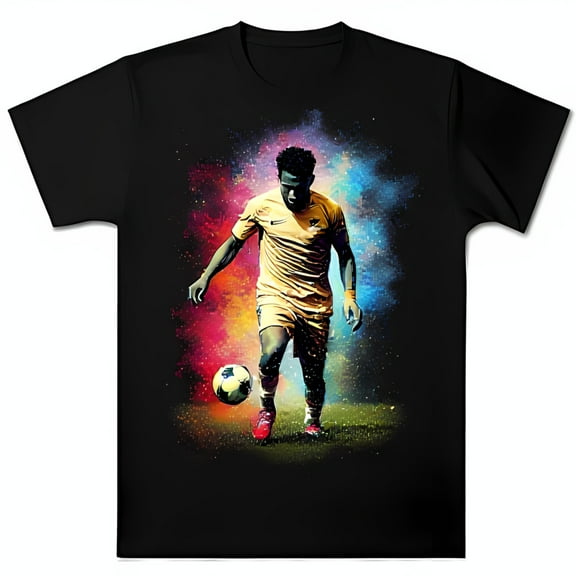 Vibrant Soccer Player Graphic on Black T-Shirt for Fans