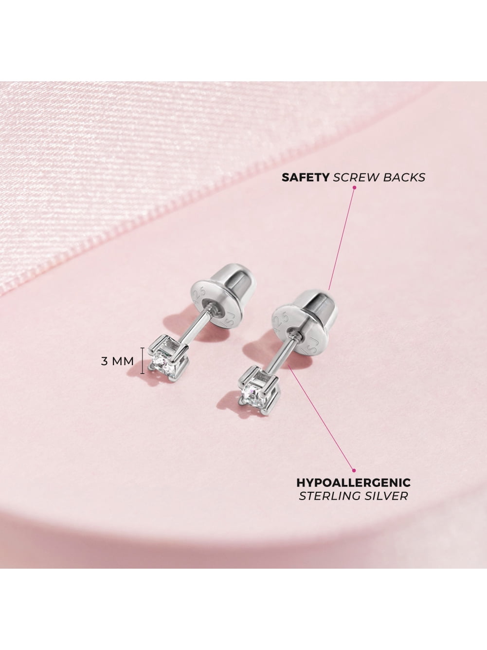 925 Sterling Silver CZ Princess Square Cut Screw Back Earrings for Baby Girl 3mm