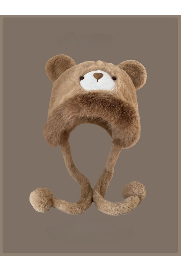Women Plush Bear Ear Hat Winter Thick Warm Beanie with Ear Protection Cute Style