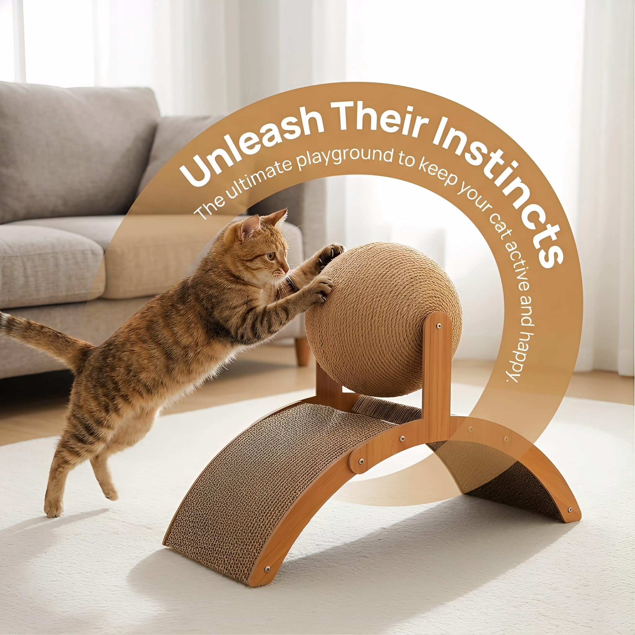 Cat Scratching Ball on Stand, Solid Wood Interactive Cat Scratcher with Arch Bridge & 360° Rotating Ball – Durable Cats Toy for Indoor Cats & Kittens, Prevents Furniture Damage (21.6 * 8.8 * 15.7in)