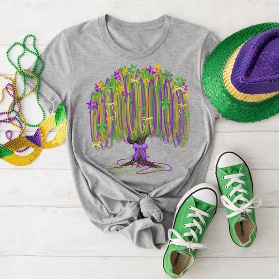 Tee Clo Mardi Gras Bead Tree T-Shirt Festival Celebration Carnival Cotton Tee, Full Size S-5XL