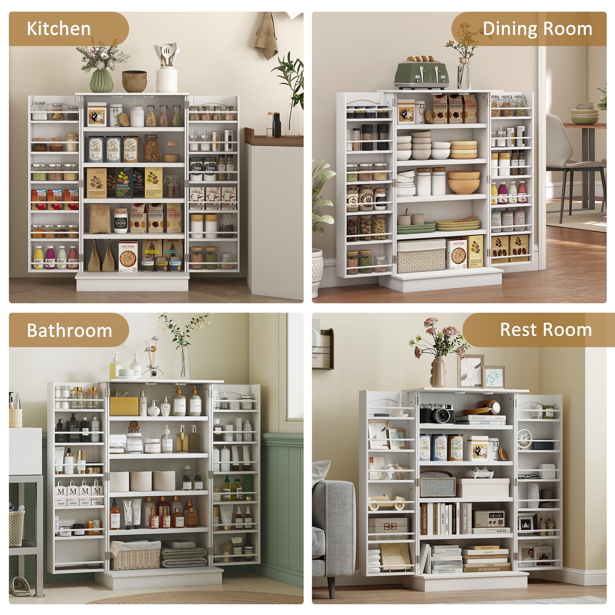 HOMCOM 41" Kitchen Pantry, 2-Door Kitchen Cabinet with 5-tier Storage Shelving, 12 Spice Racks and Adjustable Shelves for Dining Room, White