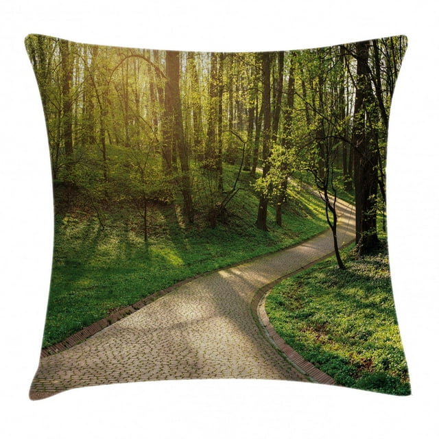 Outdoor Throw Pillow Cushion Cover, Footpath Green City Park Sun Rays Freshness Hiking Forest Tranquil Botany, Decorative Square Accent Pillow Case, 18 X 18 Inches, Green Beige Yellow, by Ambesonne