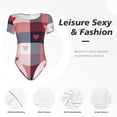 thumbnail image 4 of KLL Women 's Crew Neck Bodysuit Jumpsuits Heart Plaid Print Short onesies Stretch T Shirts, 4 of 7
