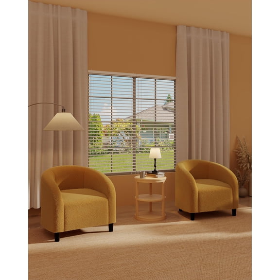 Set of 2 Boucle Barrel Accent Chairs, Sherpa Upholstered Club Armchairs for Bedroom and Living Room, Yellow