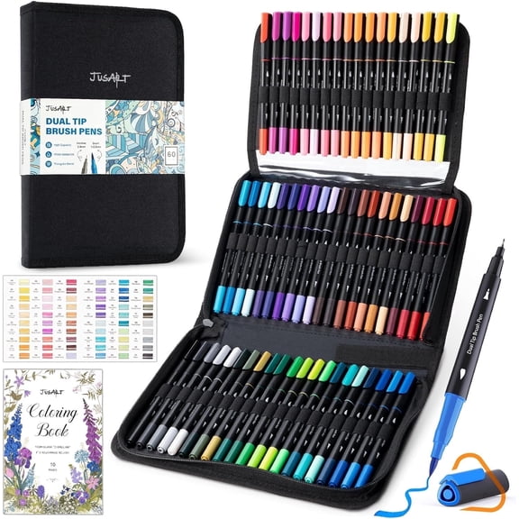 JusArt Markers for Adult Coloring Books No Bleeding, 60 Colors Coloring Markers with Dual Tips, Fine & Brush Pens with Ergonomic Triangle Grip & 33% More Ink, Water-Based Art Drawing Set for Adults