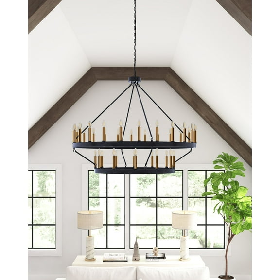 Aiwen Wagon Wheel Chandelier E12 Matte Black Metal Frame with 36 Lights Candle Style Deluxe Ceiling Light