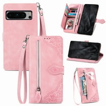 SaniMore Case for Google Pixel 8 Pro 6.7" 2023, PU Leather Zipper Wallet Detachable Lanyard Retro Embossed Flower Crad Slots Flip Kickstand Full Body Protective Drop-proof Case, Pink