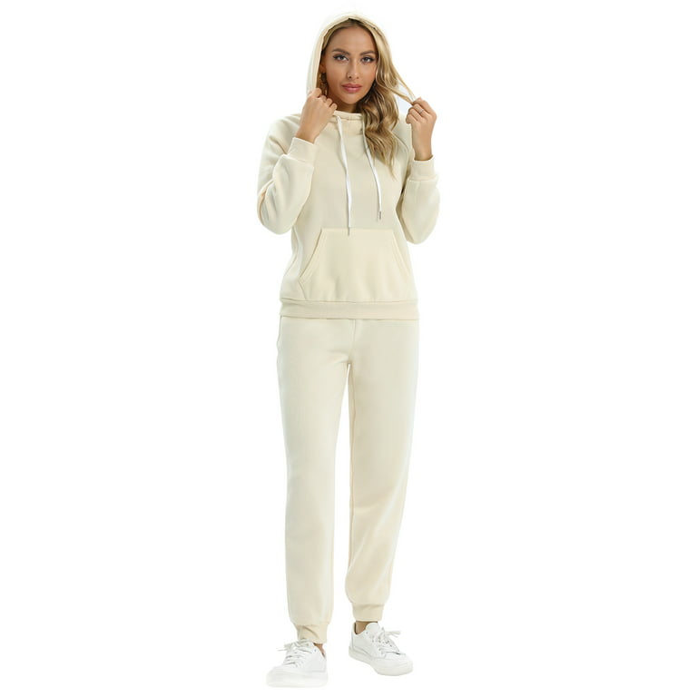 Women's Sweatshirt and Sweatpants Set Solid Color Long Sleeve Hoodie Top  and Jogger Pants 2-Piece Casual Sweatsuit Outfits, Cream 2XL