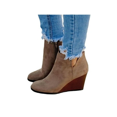 

SIMANLAN Ladies Bootie Cut Out Wedge Heel Booties Side Zip Ankle Boots Work Comfortable Short Boot Walking Leopard Print Khaki 5.5