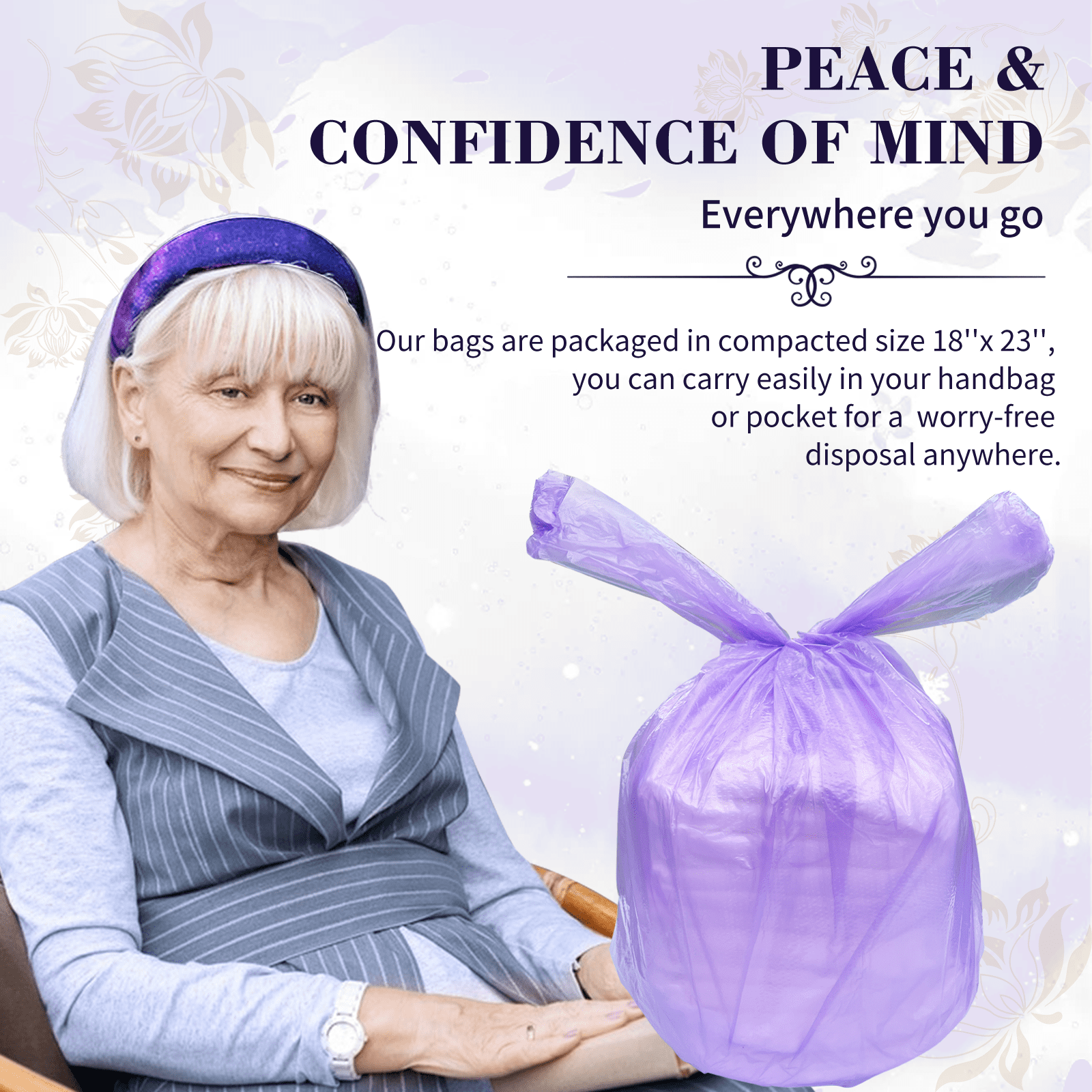 Dergik Large Diaper Bags for Adult&Baby, (18’’x23’’),96 Pcs, Vanilla Scented, for Elderly Waste Disposal, Baby Poop Bags, Sanitary Product at Home & Travel, Purple