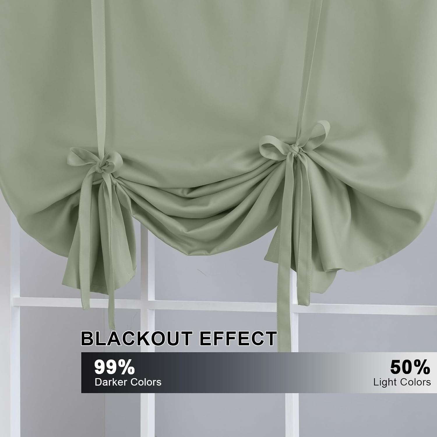 Turquoize Tie-Up Blackout Kitchen Curtains, Thermal Insulated Rod Pocket Window Shades, Light Sage, 42 x 63 in, 2 Panels