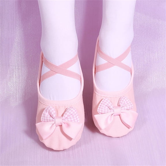 Nmnitkp Girls' Ballet Dance Shoes with Gingham Bow, Soft Sole No-Tie Dance Slippers for Toddler/Little Kids, Ballet Practice & Performance Shoes Pink,23