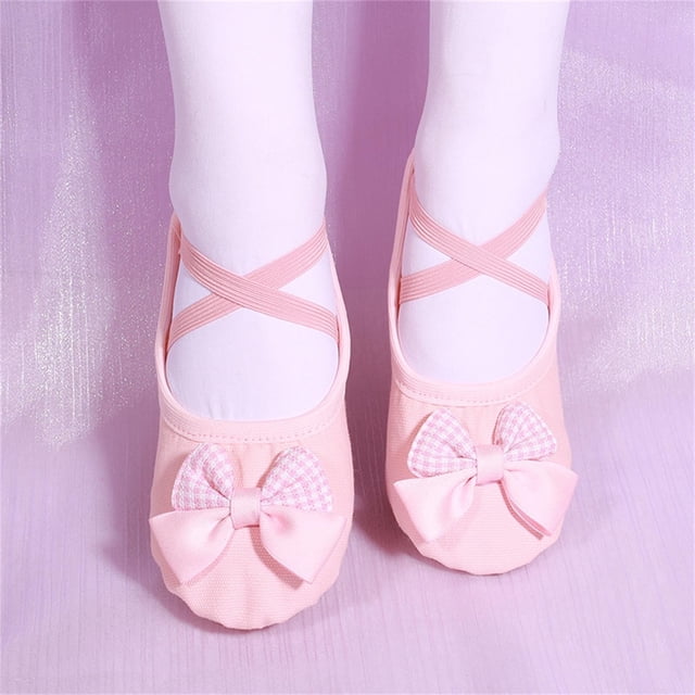 hengsof Girls Checkered Pattern Ballet Slippers with Bow, Soft Sole Leather Look Slip On Practice Shoes, Classic Style Dance Footwear for Kids