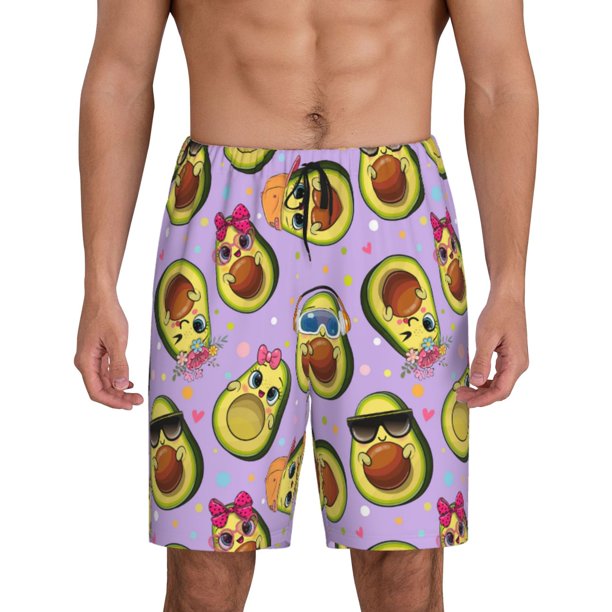 Balery Cartoon Avocados Pantalones cortos de pijama de punto de algodón para hombre con cinturilla y bolsillos-Large