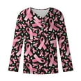thumbnail image 4 of Kilaqueen Breast Cancer Awareness Shirts for Women Long Sleeve Oblique Collar V Neck Pink Ribbon Print October Tops for Going Out, 4 of 5