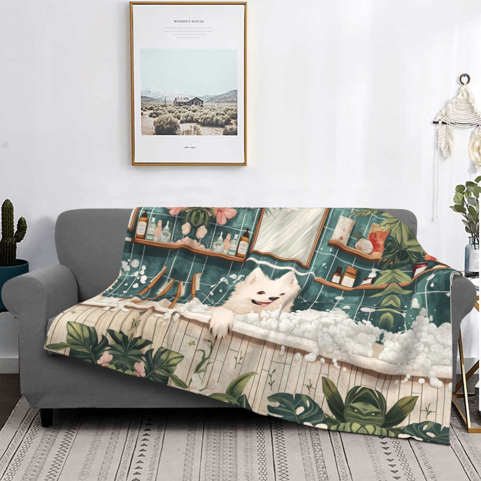 Throw Blanket for Couch - Dog in Tropical Bathtub Soft Comfy Lightweight Cozy Warm Throw Blanket, Fuzzy Plush Flannel Blanket & Throws for Sofa and Bed All Season