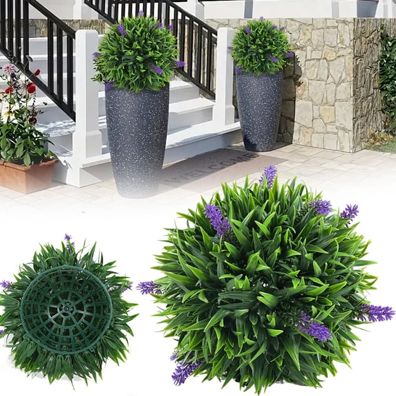 Artificial Lavender Topiary Balls, Outdoor Faux Greenery Balls with Flowers, Fake Plant Sphere, Round Artificial Plant Balls for Front Door, Porch, Backyard, Home Decor, 20cm