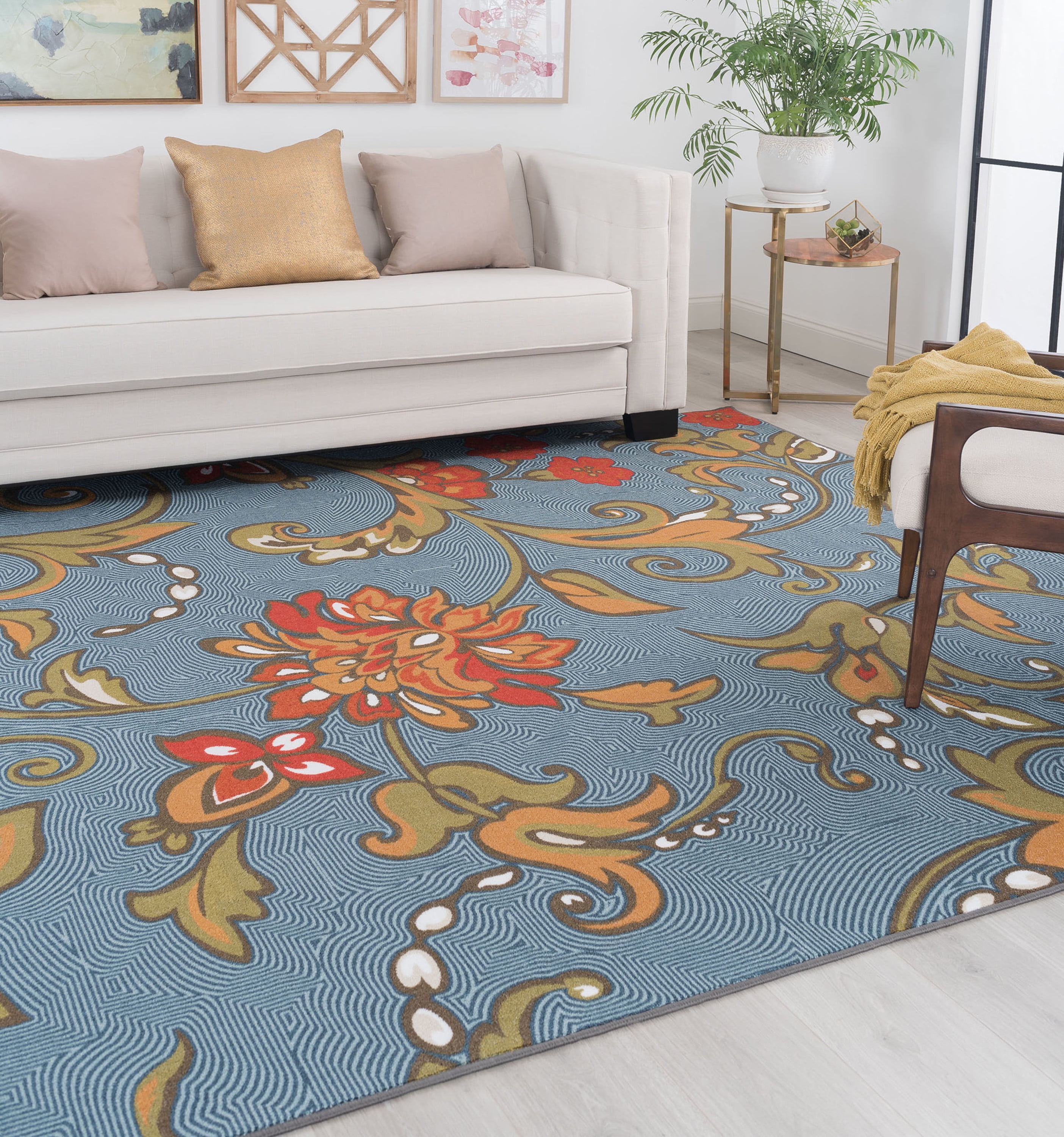 Transitional Area Rug (3-Piece Rug Set: (5' x 7', 20'' x 60'', 20'' x 32'')) Floral Navy, Gold Indoor Set Easy to Clean