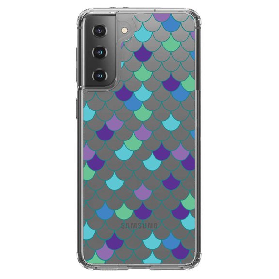 DistinctInk Clear Shockproof Hybrid Case for Galaxy S21  PLUS 5G (6.7" Screen) - TPU Bumper, Acrylic Back, Tempered Glass Screen Protector - Mermaid Scales
